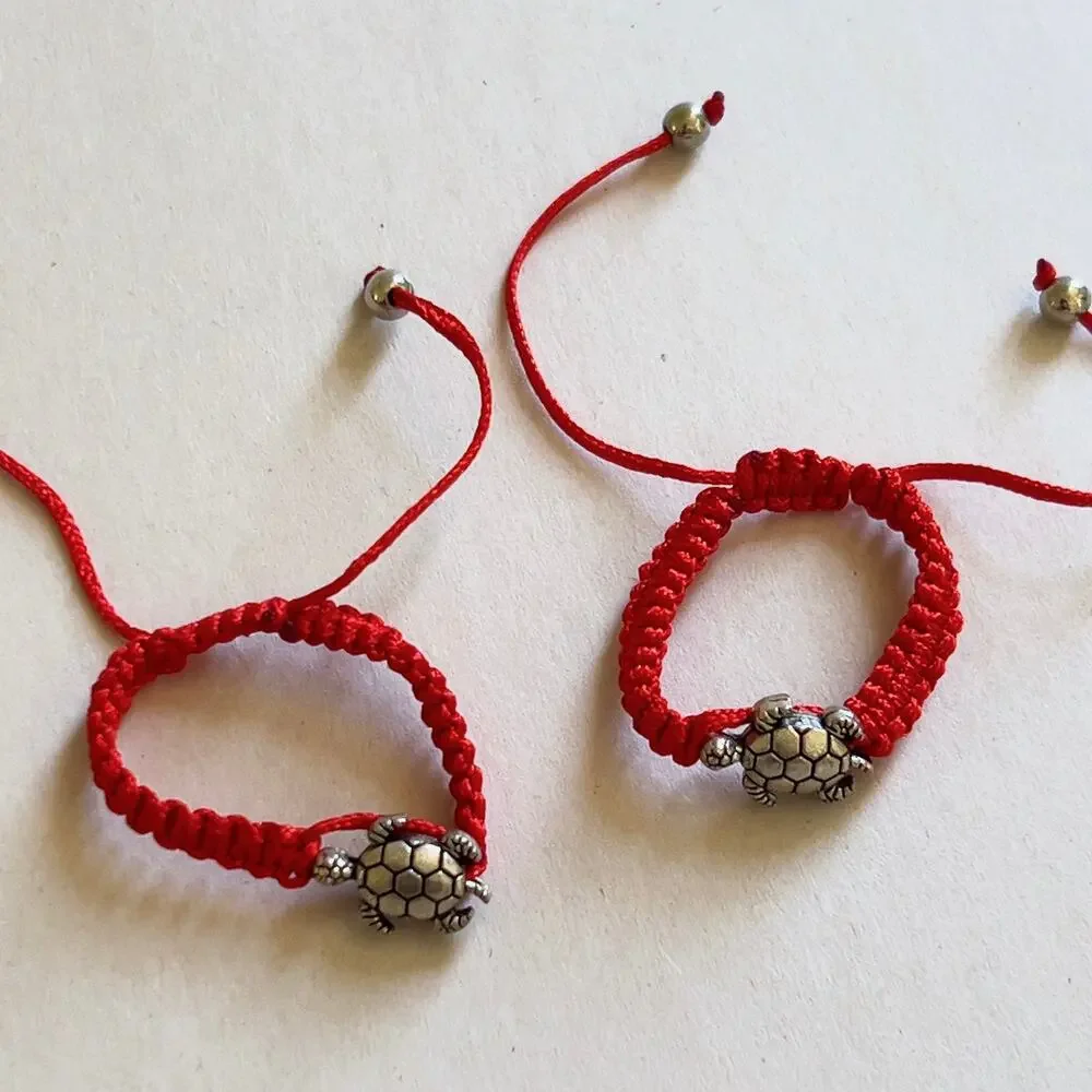 Turtle Red Adjustable Bracelet Silver Tone Charm Children's Size Handmade